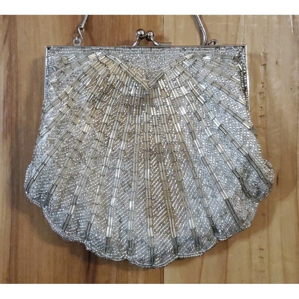 Silver Beaded Evening Clutch Purse Bag Crossbody Kiss Lock Retro Art Deco Style - Picture 6 of 8